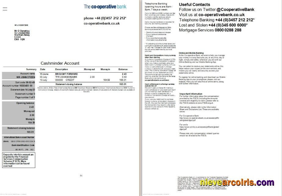 United Kingdom The Cooperative Bank statement Word and PDF, 2 pages
